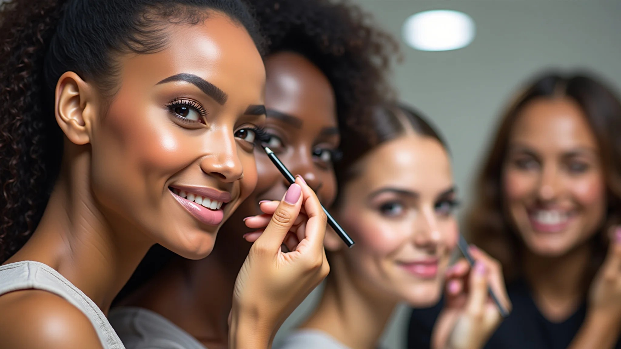 Mulheres diversas aplicando delineador em diferentes formatos de olhos.