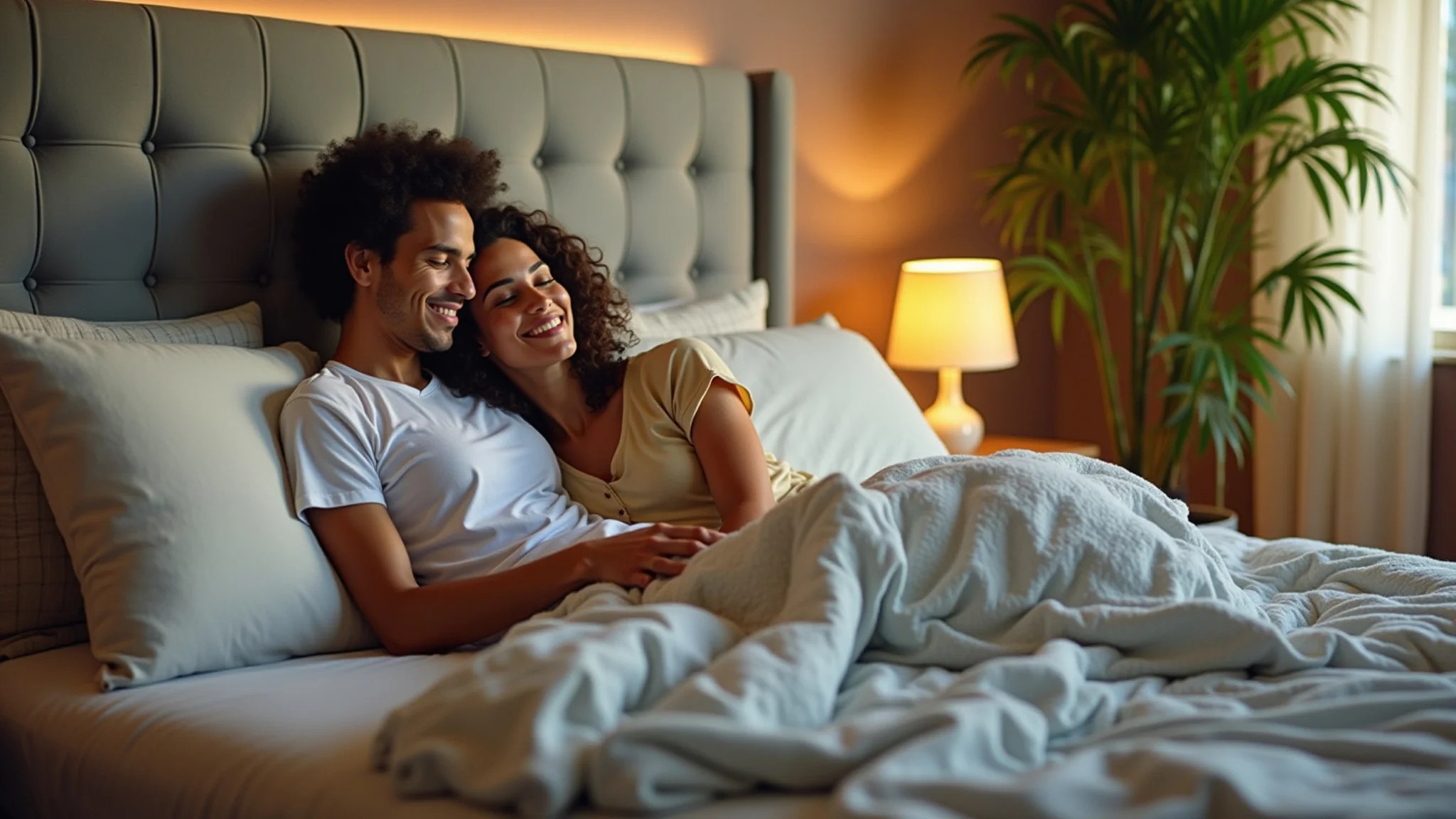 Casal relaxando em quarto aconchegante com plantas e iluminação quente.