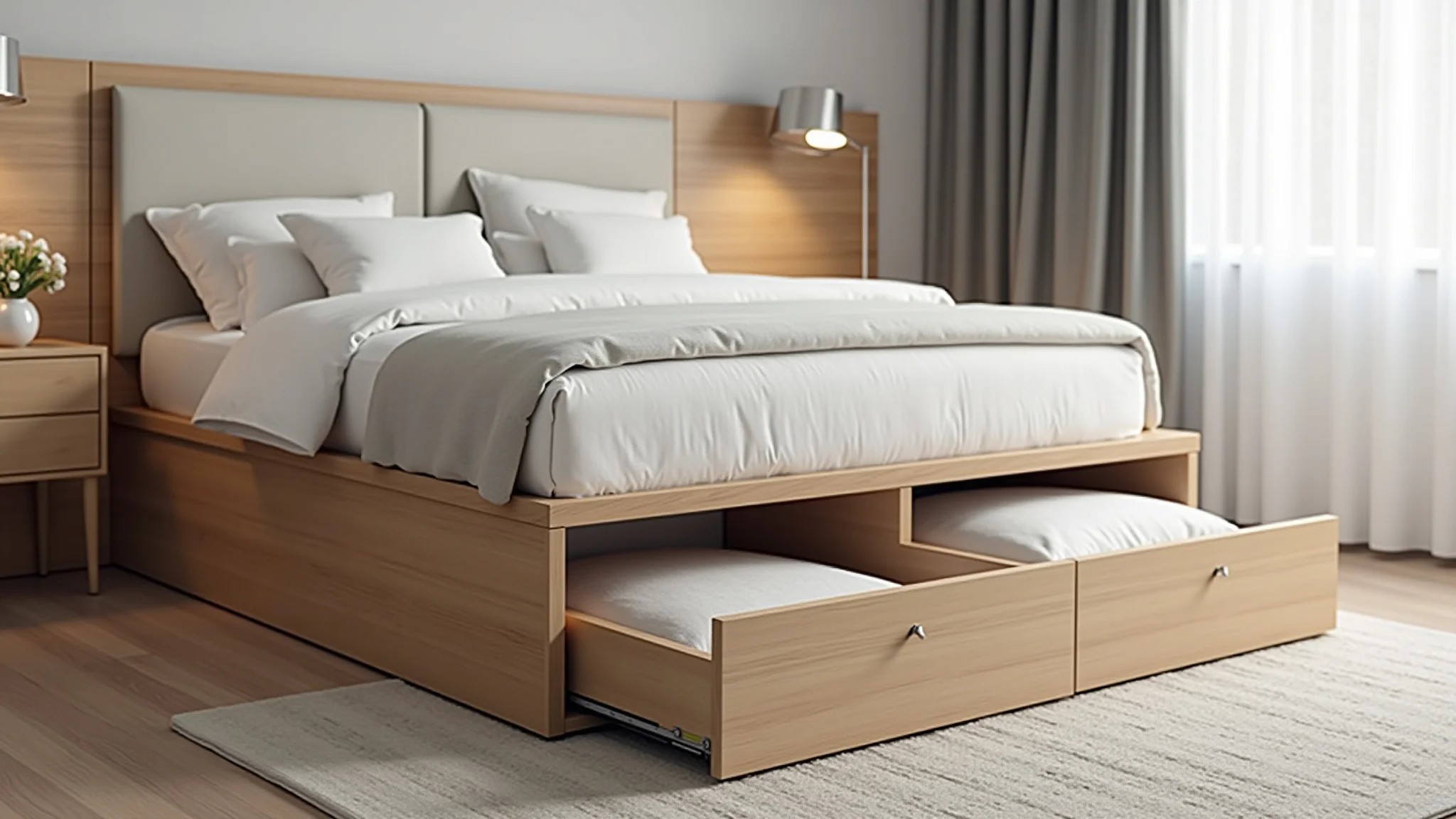 Quarto minimalista com cama com gavetas escondidas, otimizando o espaço.