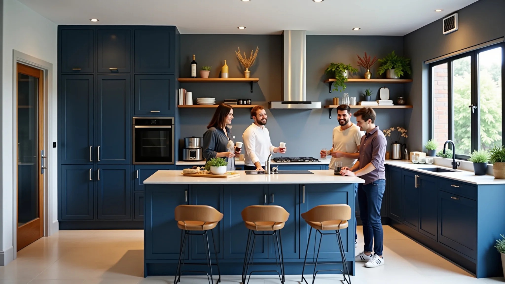 Cozinha moderna azul marinho com amigos.