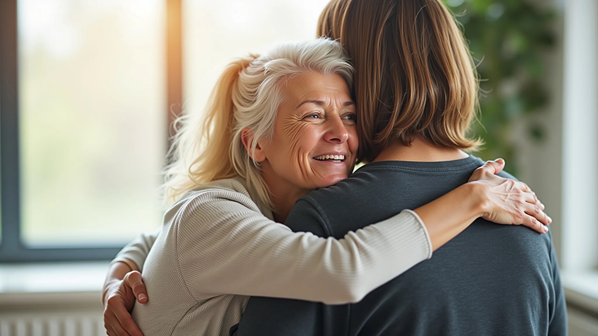 Mãe recebendo abraço de amiga, apoio emocional.