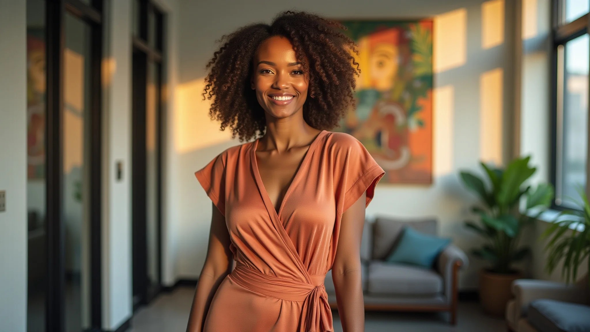 Mulher confiante em escritório moderno com vestido envelope e arte brasileira.