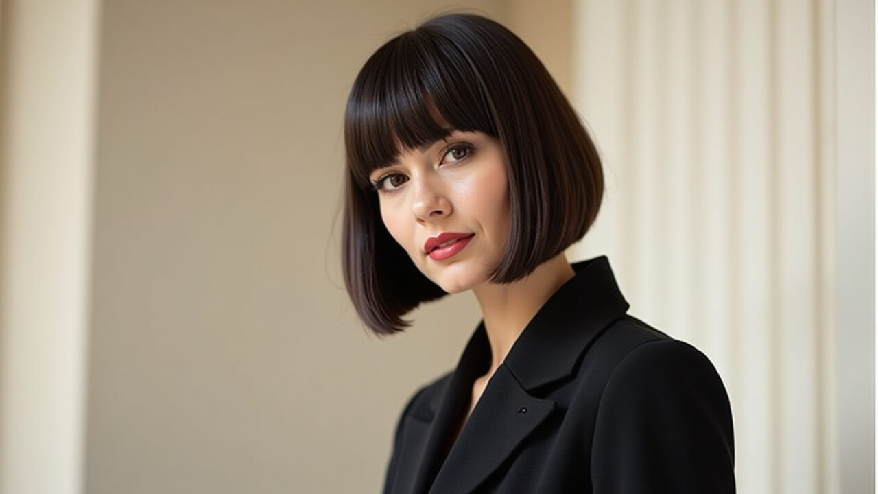 Mulher com corte bob clássico (chanel) em pose elegante.