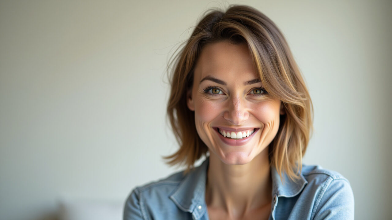 Mulher com corte short bob, visual moderno e sorrindo.
