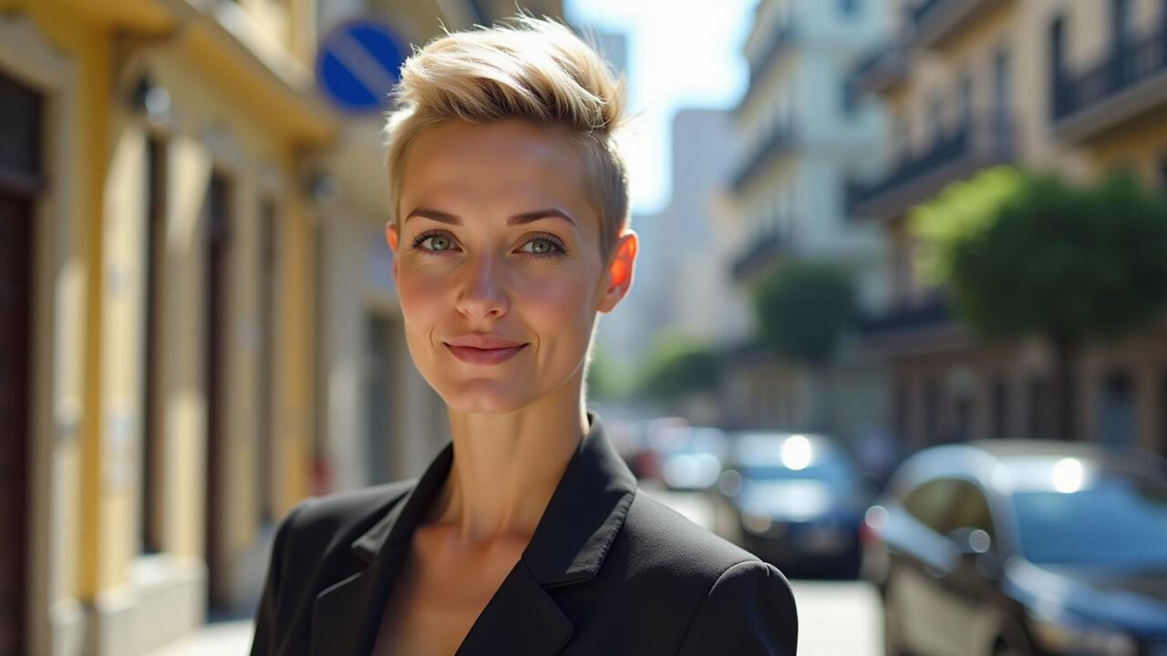 Mulher com corte pixie moderno e estiloso em cenário urbano brasileiro.