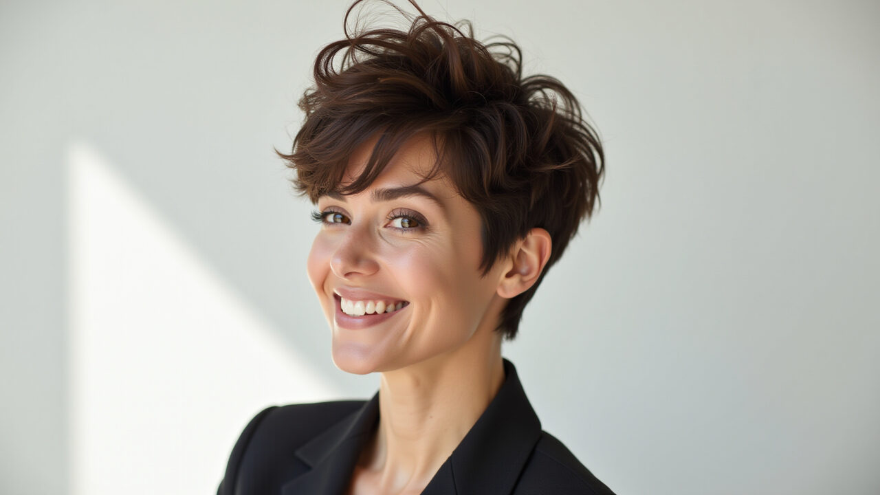 Mulher com cabelo curto e volumoso, textura evidente.
