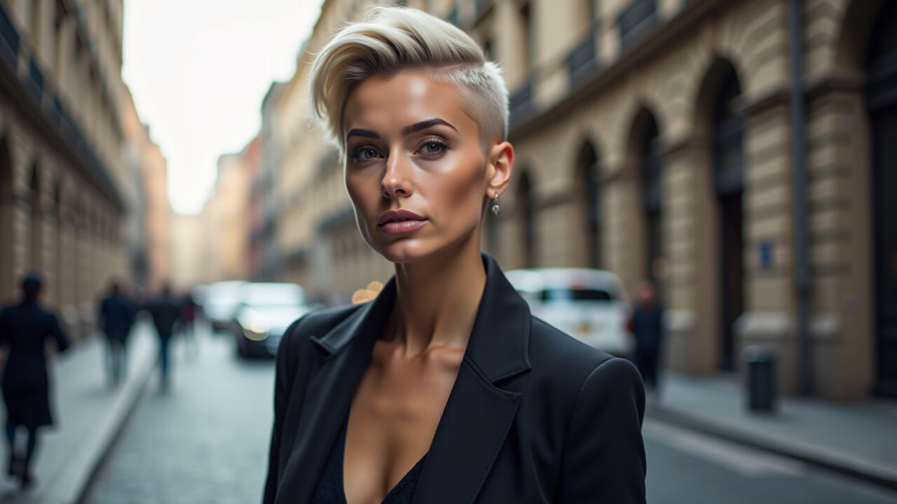 Mulher com corte undercut, estilo ousado em ambiente urbano.