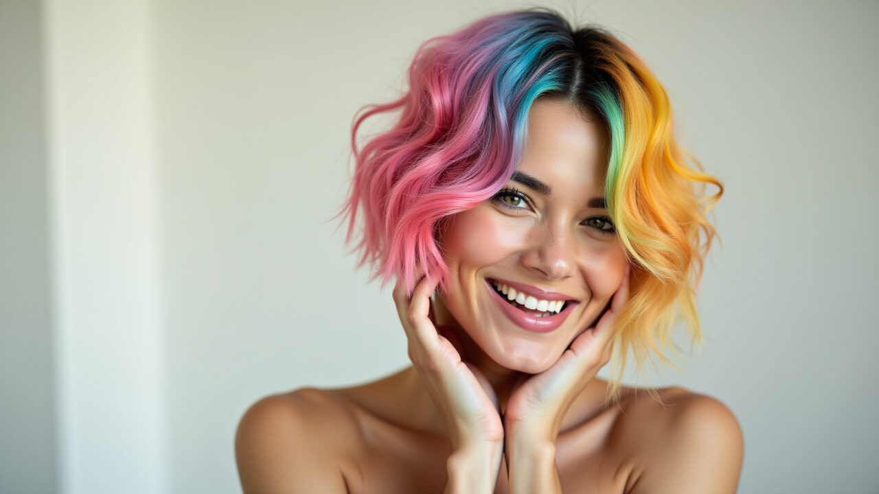Mulher com cabelo curto colorido, cores vibrantes e expressão alegre.