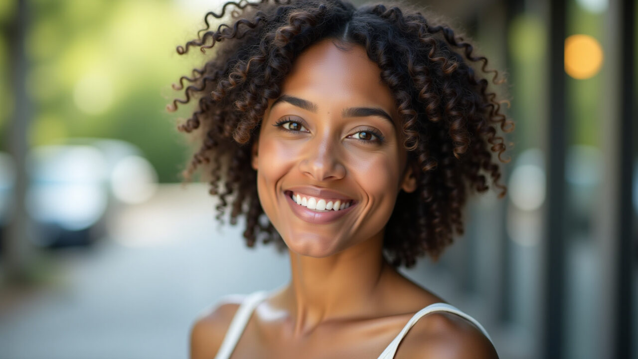 Mulher com cabelo cacheado curto, beleza natural em ambiente externo.