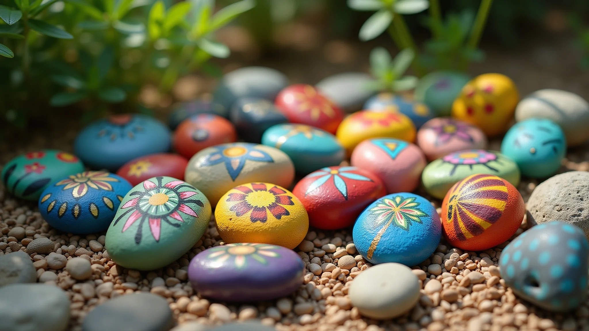 Miniaturas de jardim feitas com pedras pintadas, decoração alegre e colorida.
