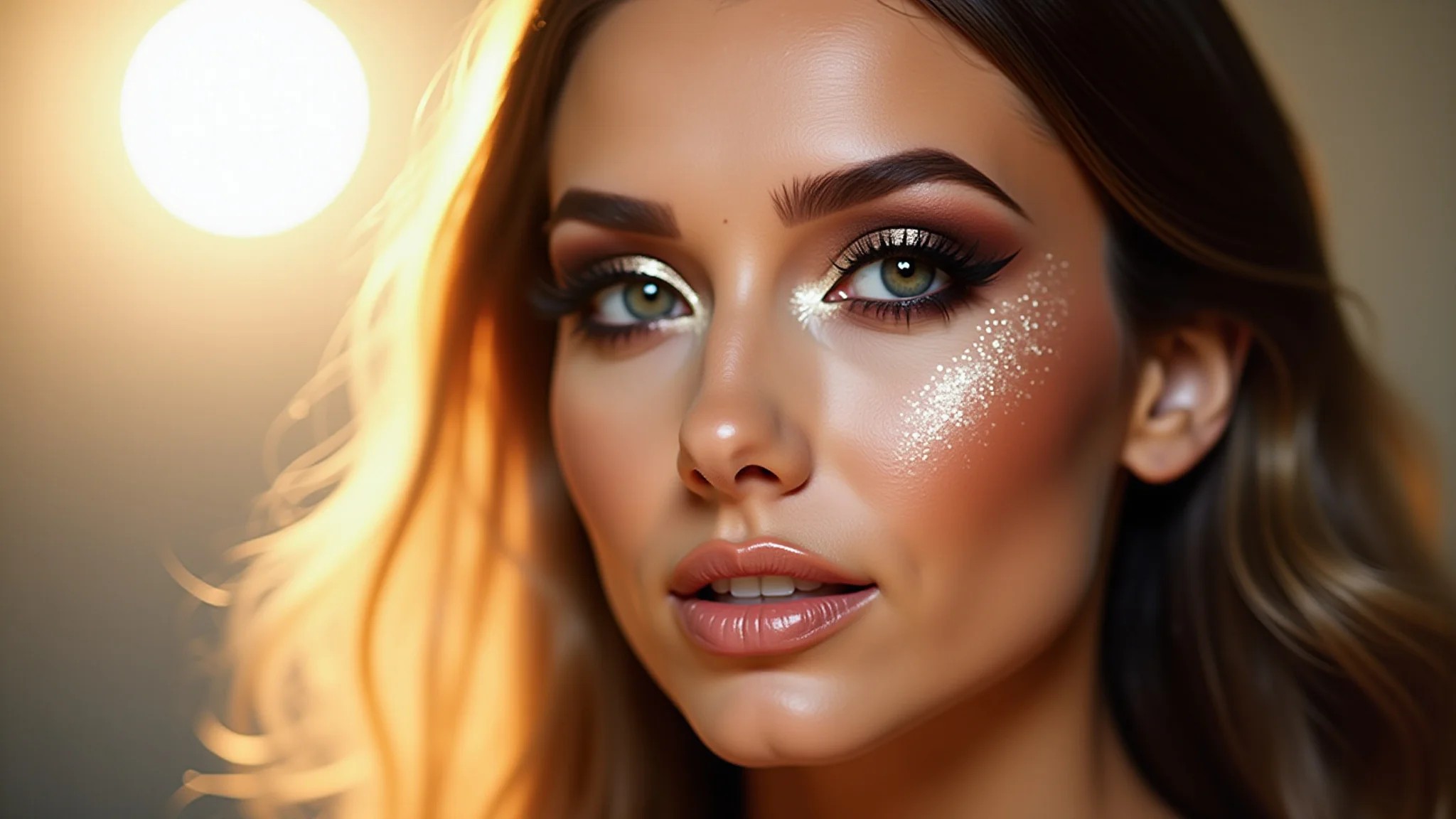 Mulher com maquiagem esfumada glamurosa para festa, sombra com glitter.