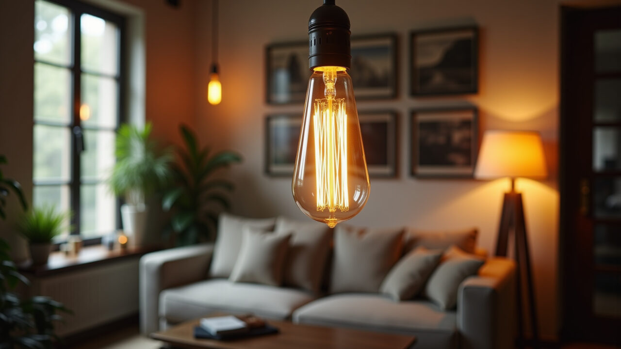 Sala de estar com pendente de lâmpada de filamento de carbono, estilo retrô.