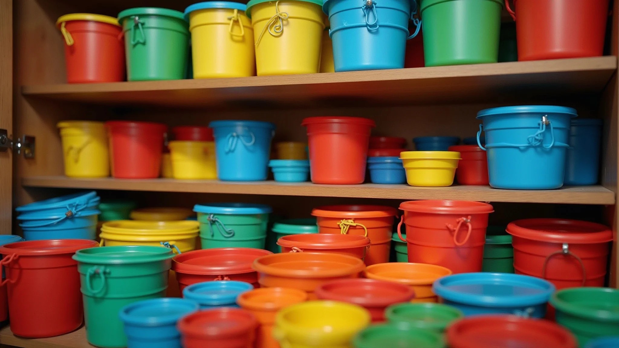 Armário de cozinha brasileiro vibrante, cheio de potes plásticos coloridos e desorganizados.