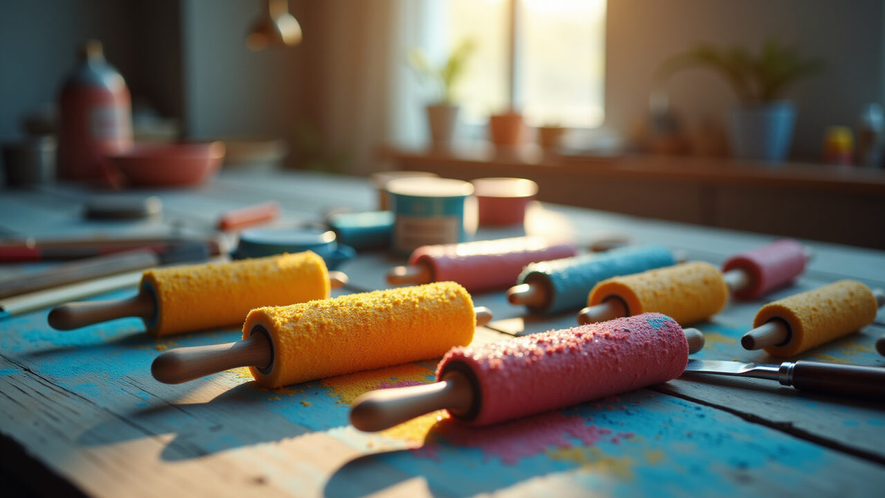 Variedade de rolos e pincéis para pintura.