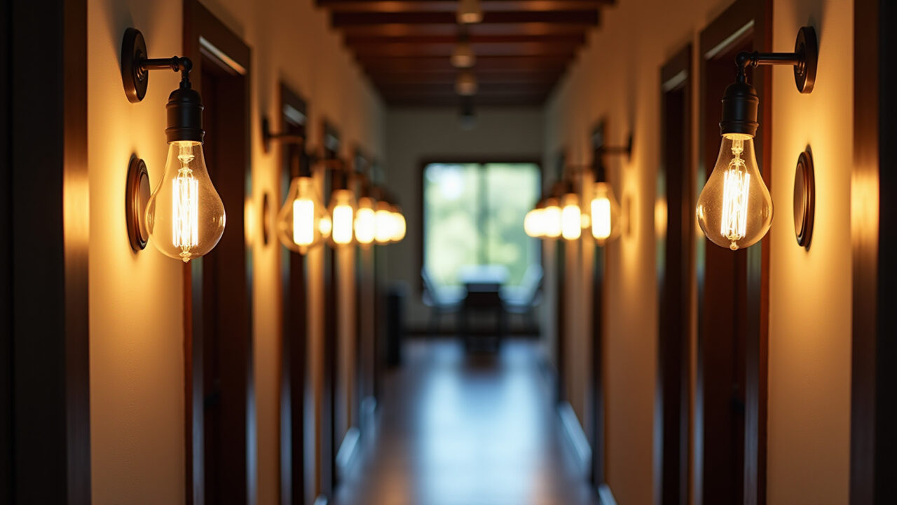 Corredor com arandelas de lâmpadas de filamento, luz indireta e design industrial.