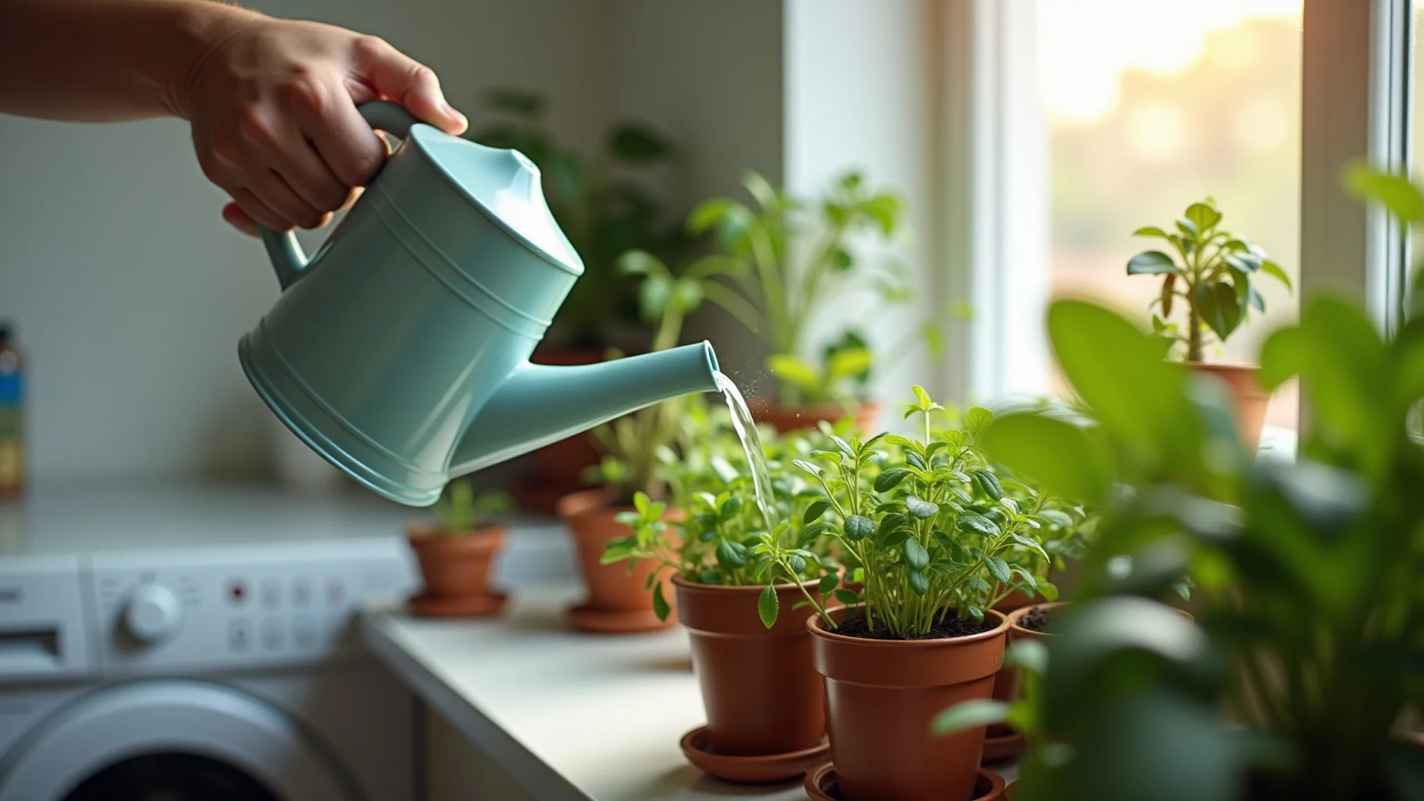 Horta de ervas em vasos na lavanderia de apartamento pequeno, regador.