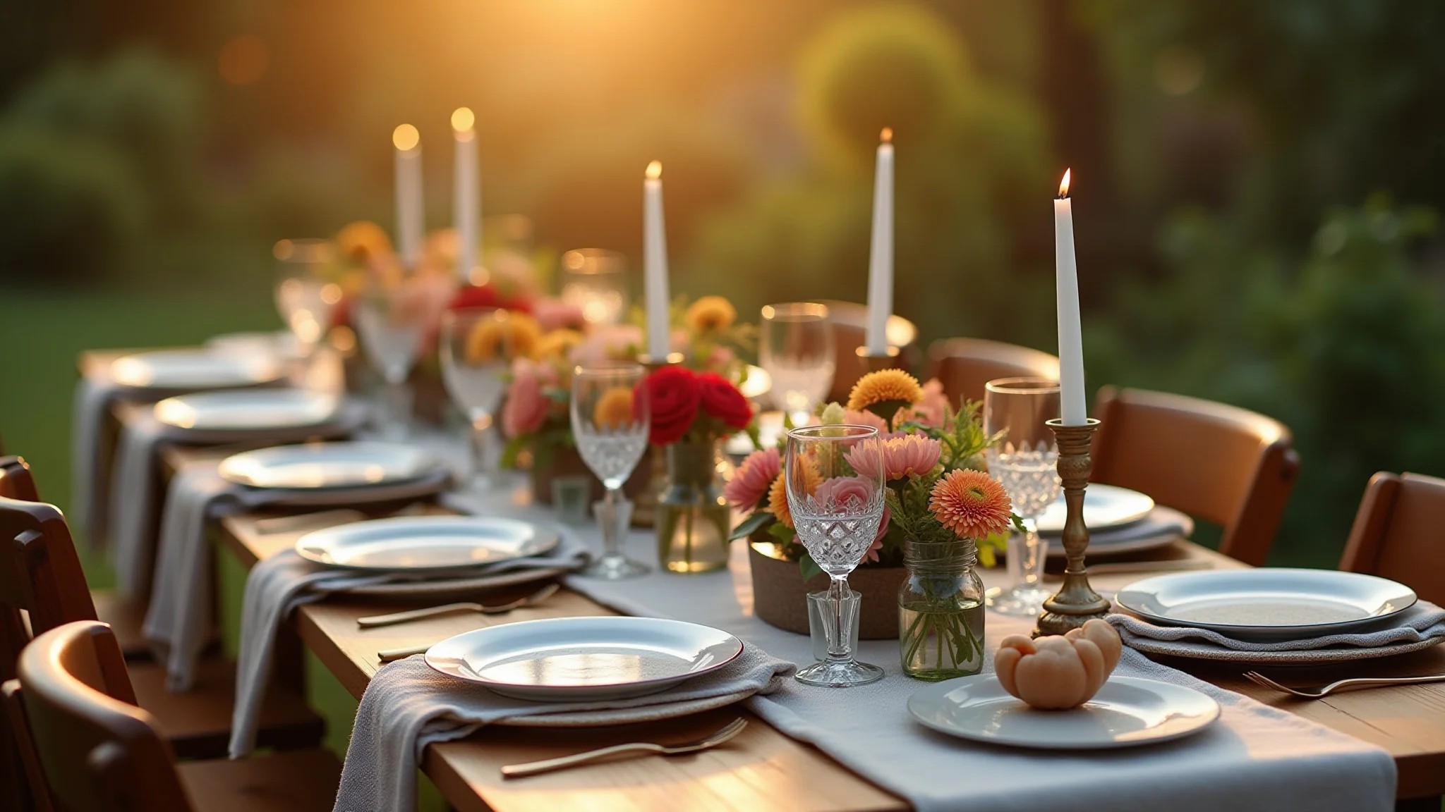Mesa de festa rústica decorada com flores e louças elegantes, iluminação suave.