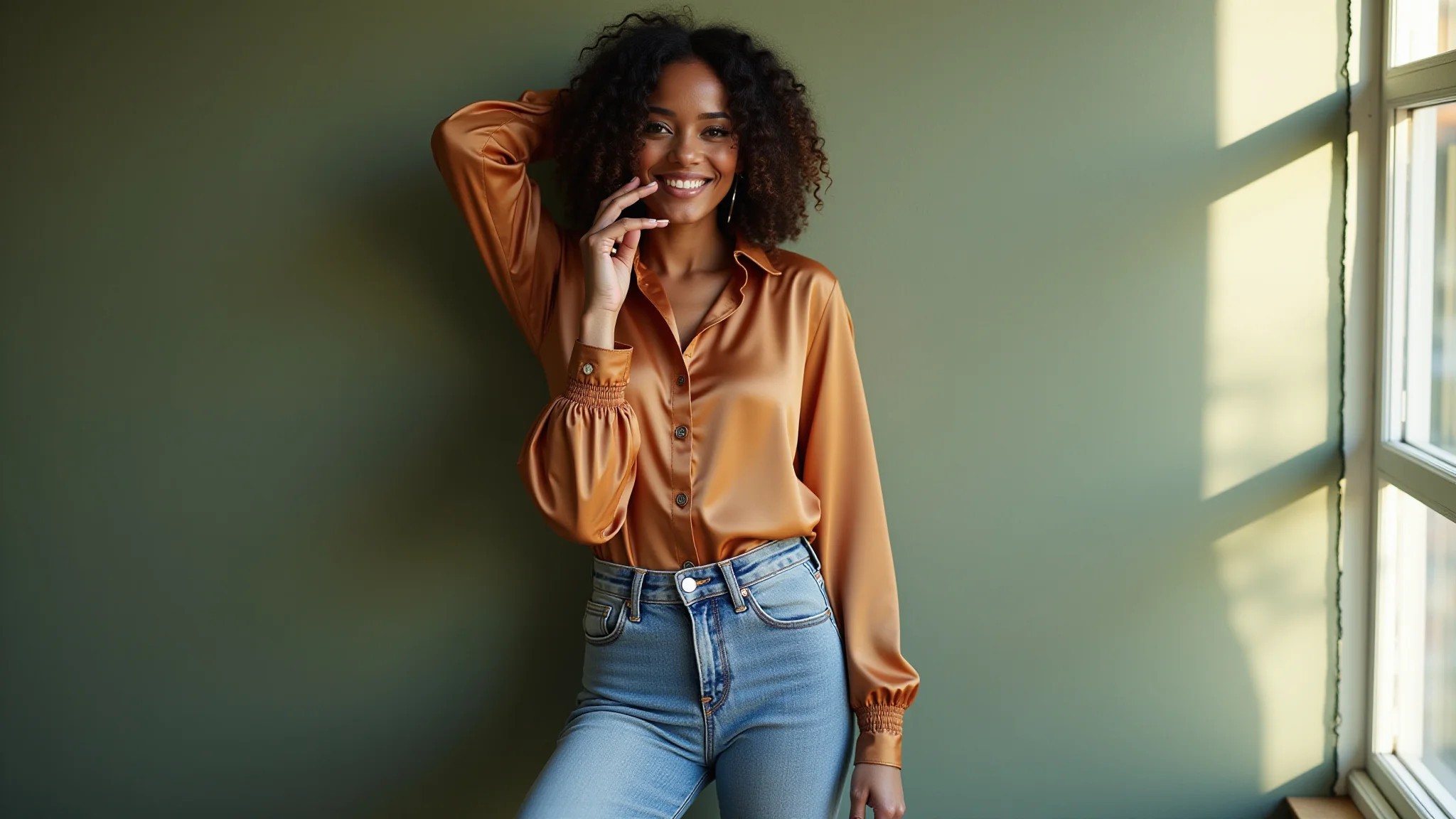 Jeans com lavagem acid wash e blusa de seda, modelo brasileira.