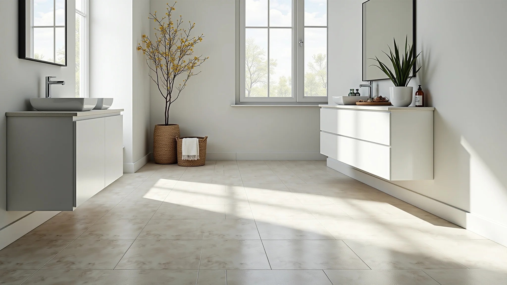 Banheiro com pisos antiderrapantes: porcelanato, vinílico e pedra natural. Segurança e estilo.