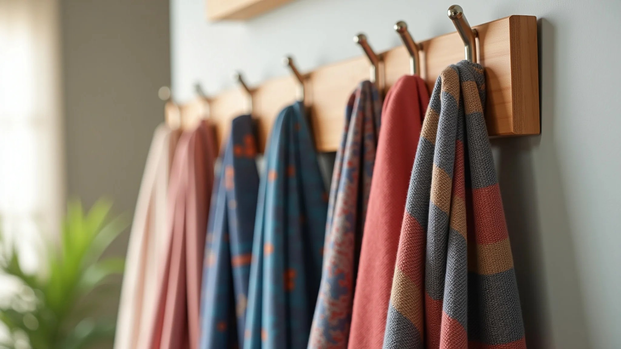 Lenços pendurados em ganchos decorativos na parede, solução criativa.