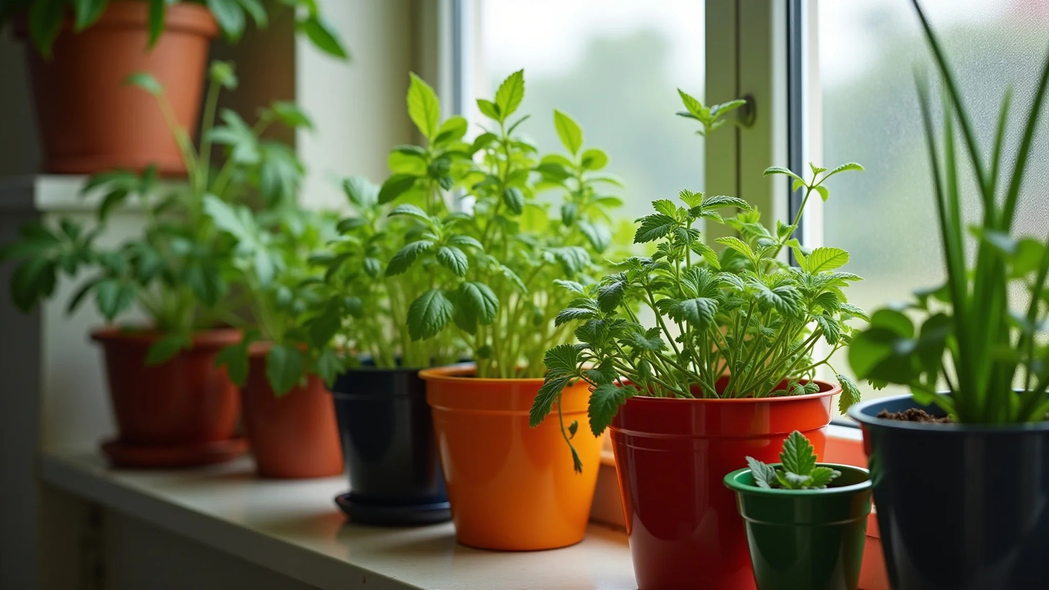 Horta vibrante em varanda de apartamento, com ervas e vegetais em vasos coloridos.