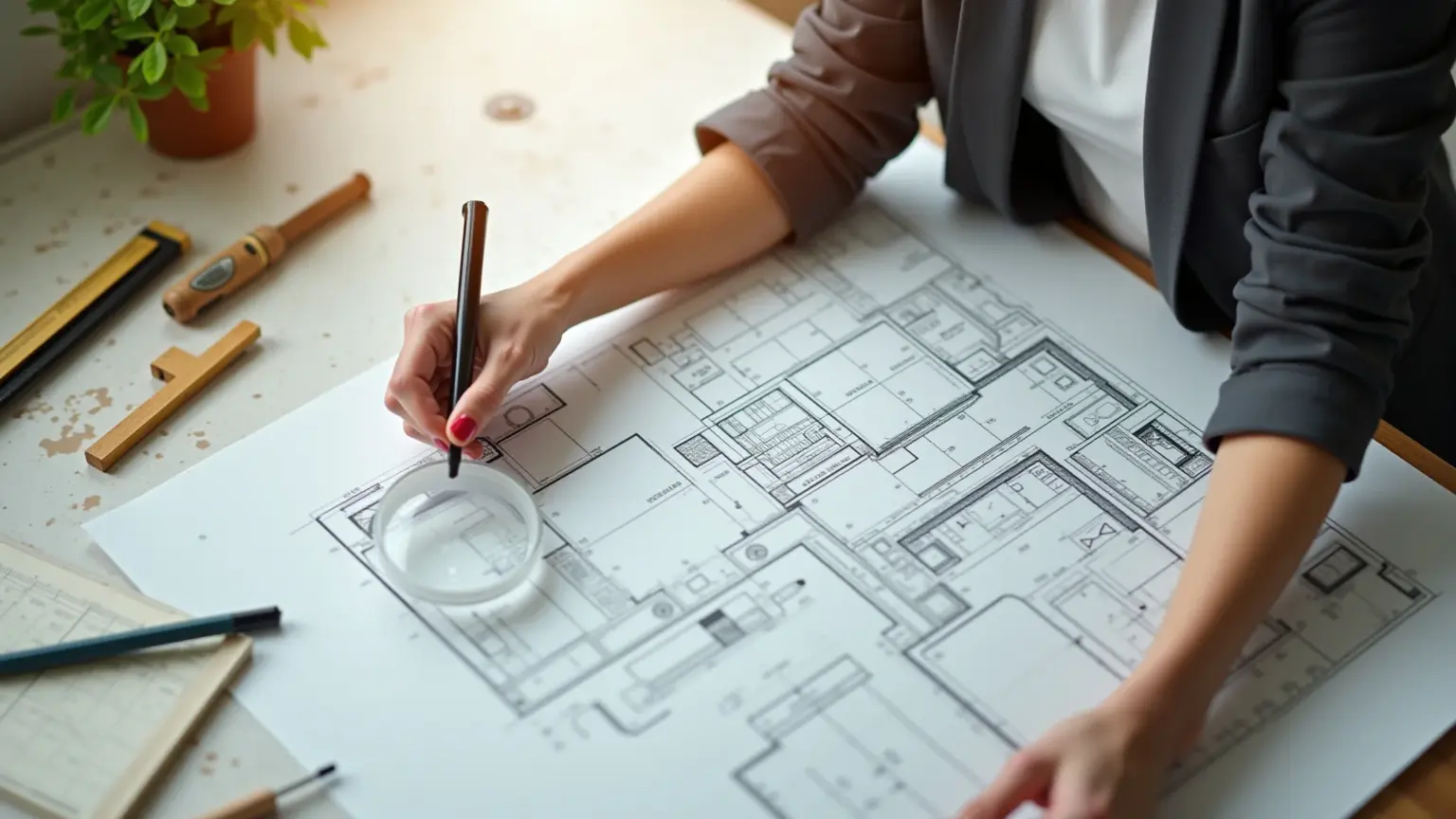 Mulher analisando planta baixa de cozinha com lupa, cercada por plantas e ferramentas.