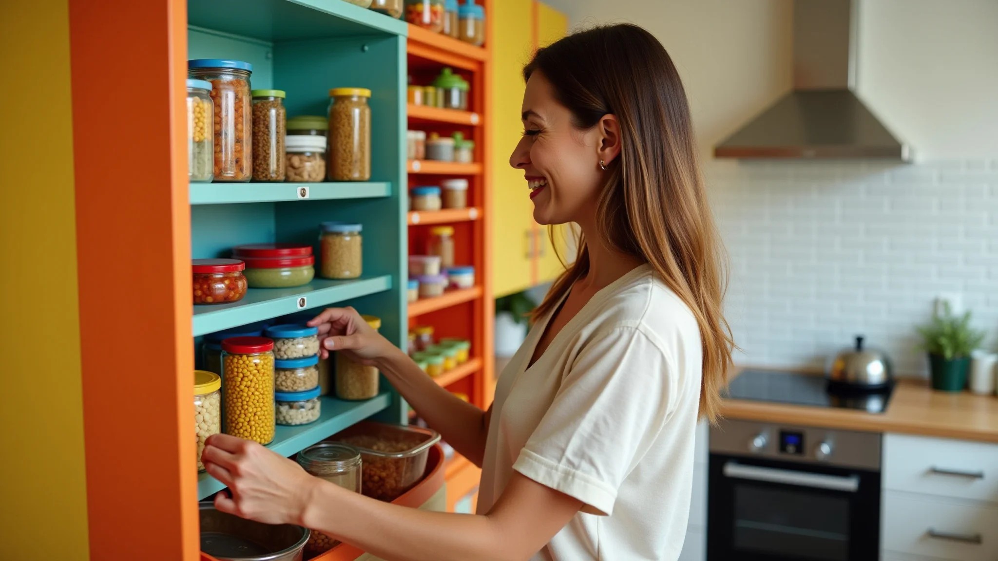 Mulher organiza potes de cozinha coloridos e sem tampa dentro de armário vibrante.