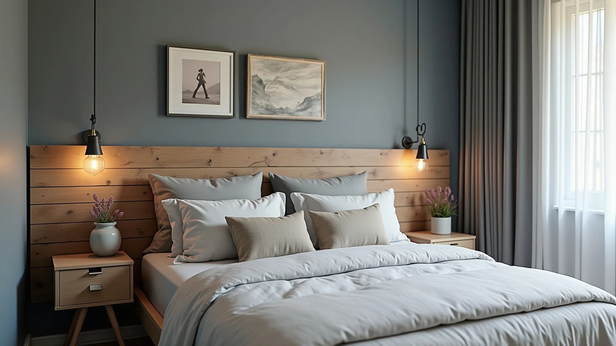 Quarto cinza com decoração DIY, parede pintada e cabeceira criativa.