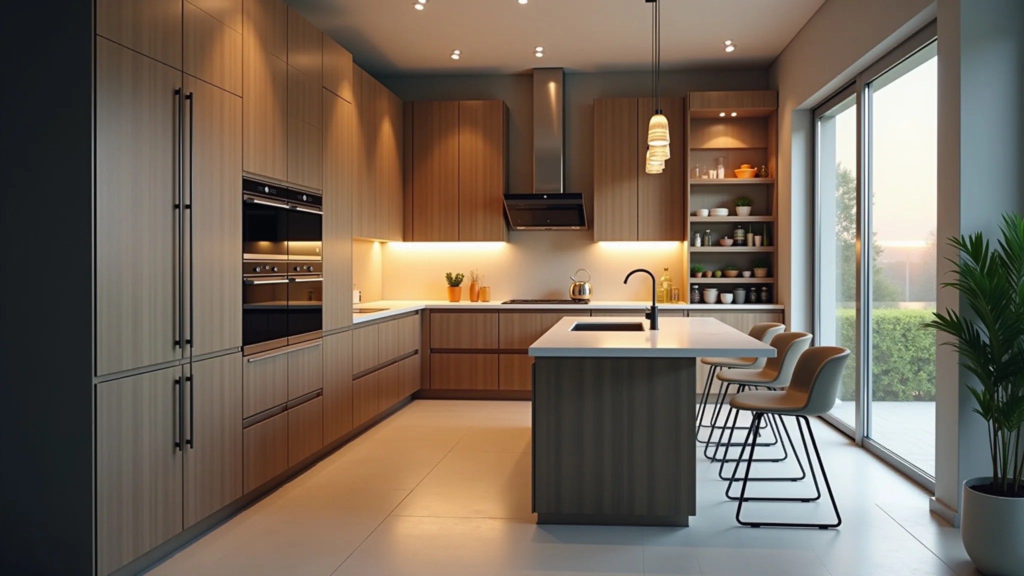 Cozinha moderna com armários iluminados por LEDs, design brasileiro e iluminação aconchegante.