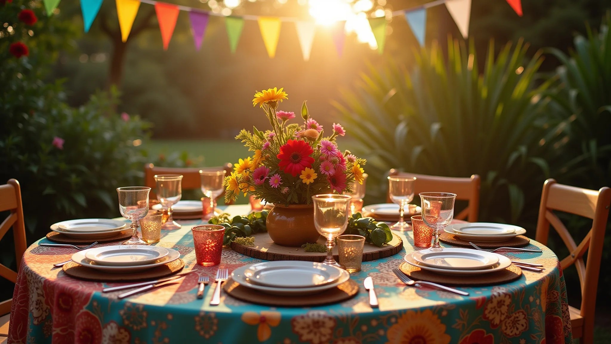 Mesa redonda para festa com decorações coloridas e ambiente acolhedor.