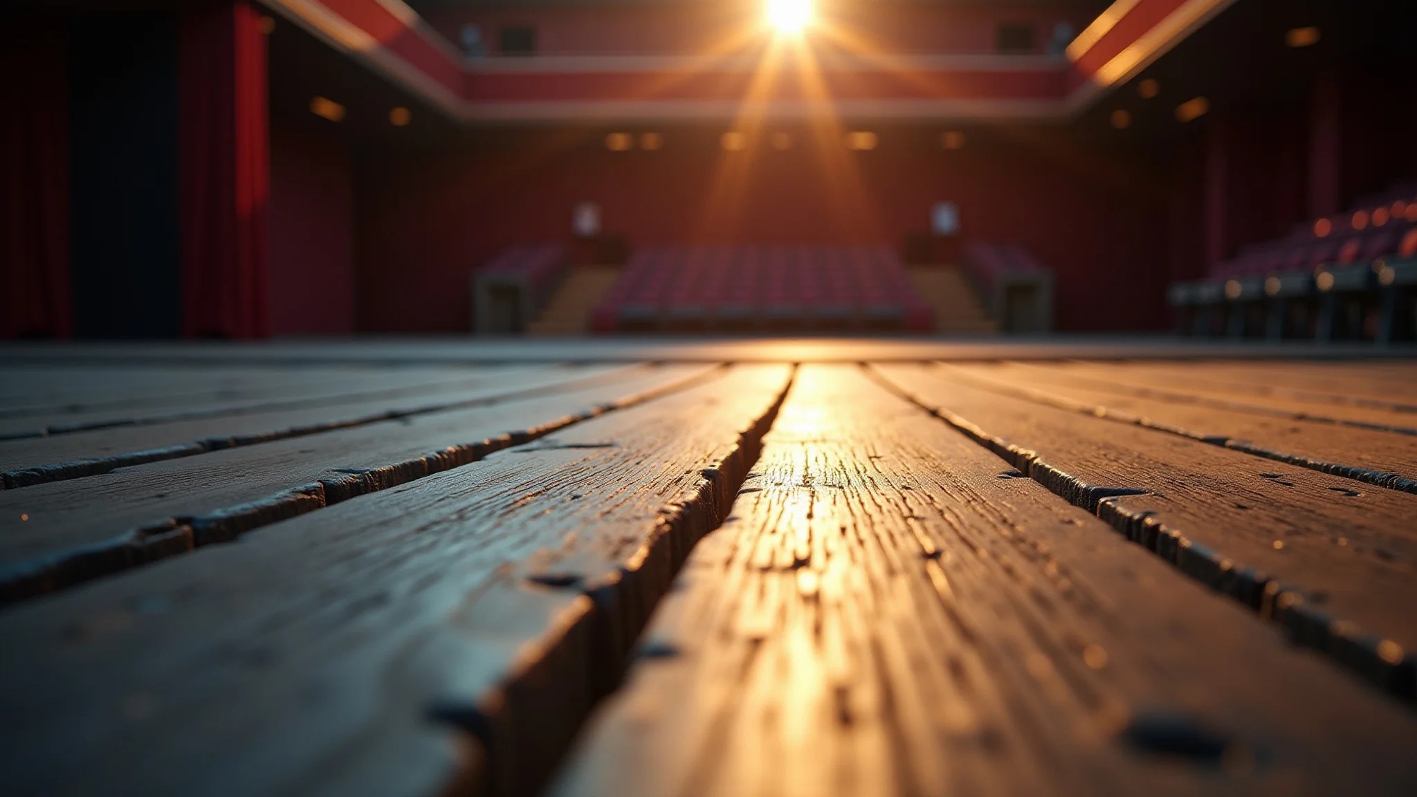 Detalhe do piso de madeira desgastada de um palco de teatro, com iluminação suave.