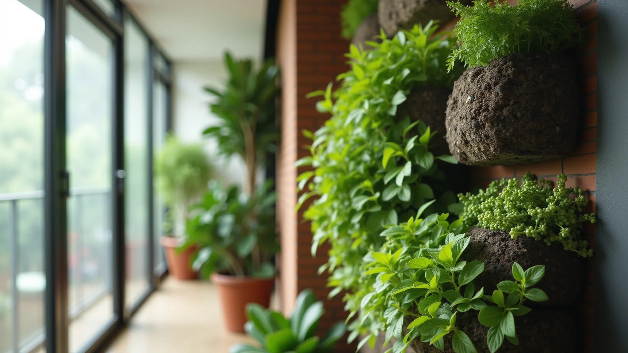 Horta vertical em parede de apartamento, feita de materiais reciclados.