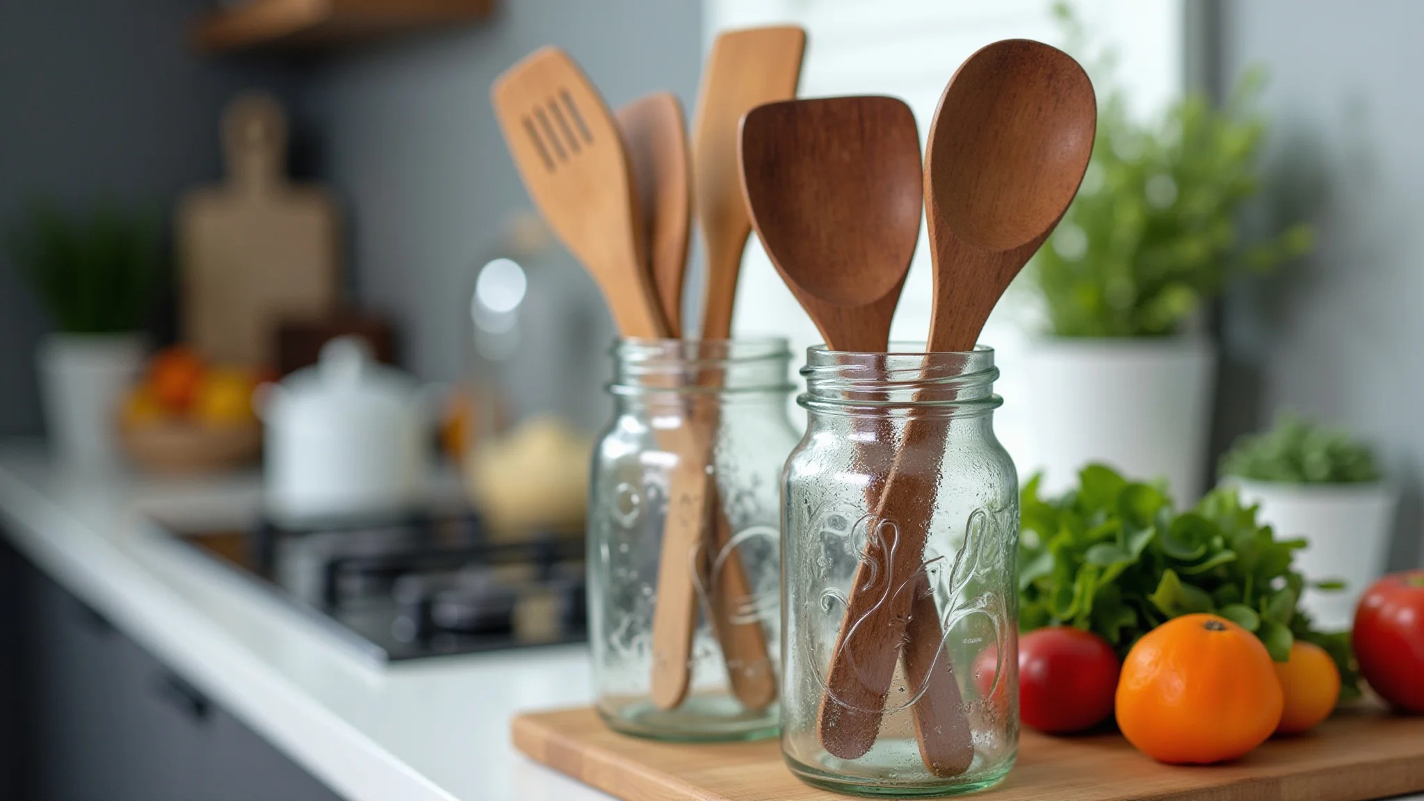 Potes de vidro sem tampa reutilizados como porta-utensílios na cozinha.