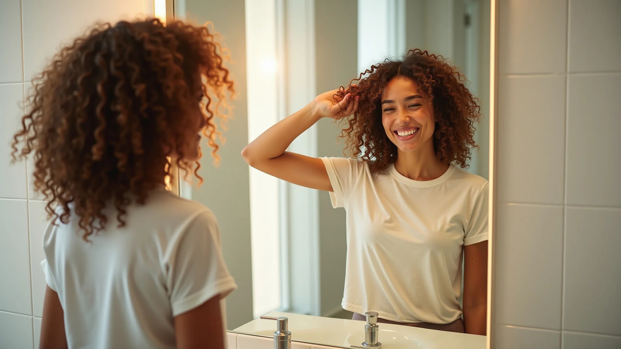 Mulher com cachos definidos usando a técnica 'plopping' com camiseta de algodão.