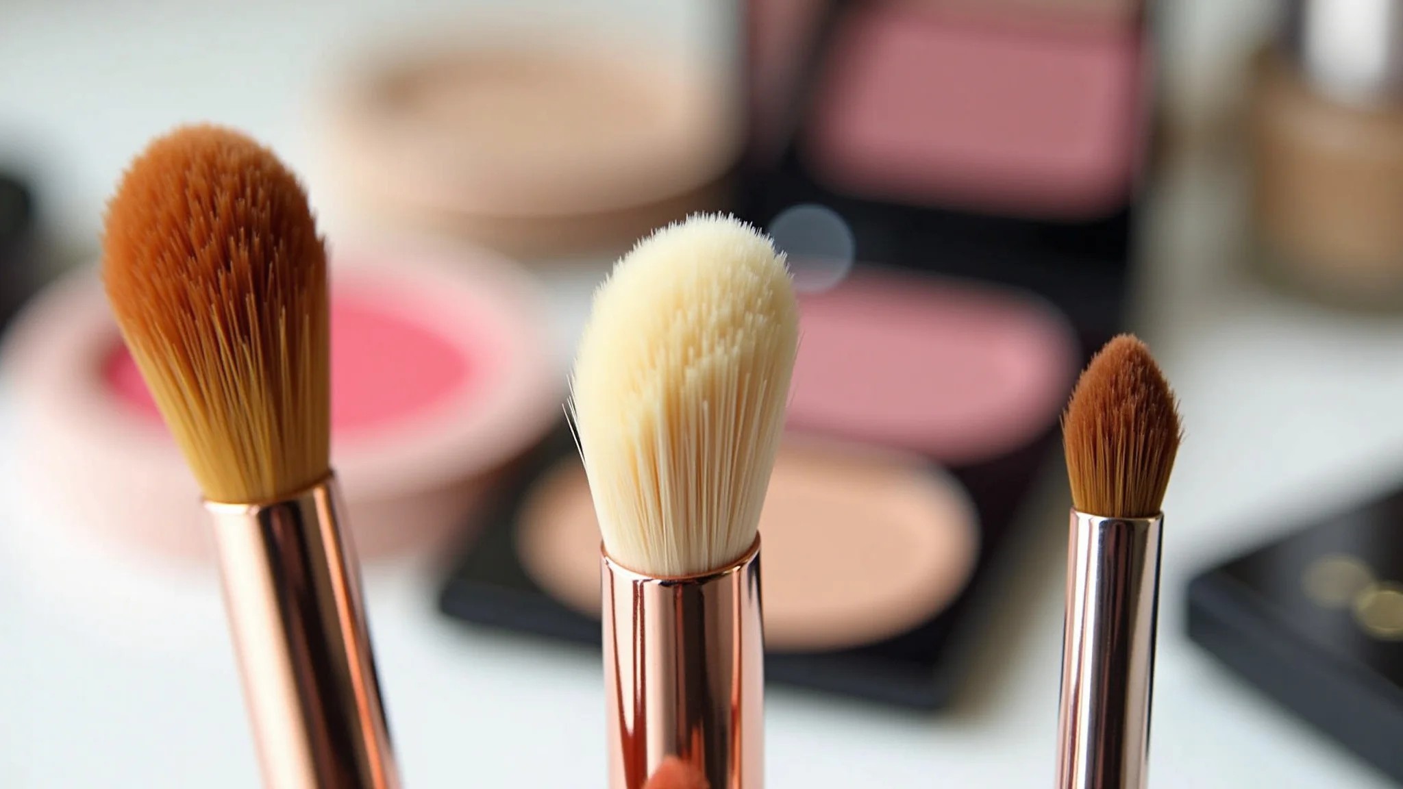 Coleção de diferentes pincéis de blush (kabuki, angular, arredondado) com cosméticos brasileiros ao fundo.