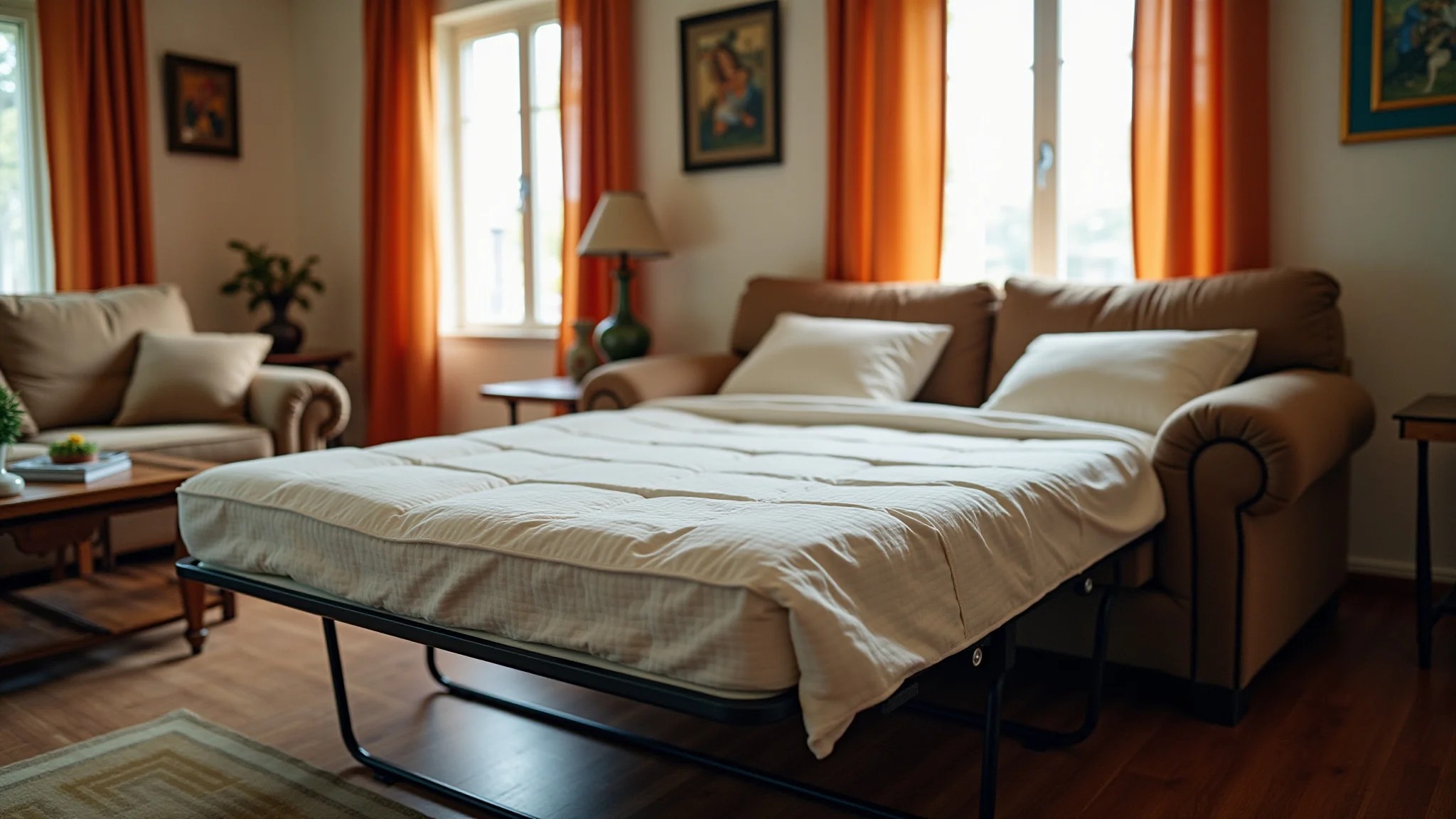 Sala aconchegante com sofá-cama aberto, pronto para hóspedes, decoração brasileira.