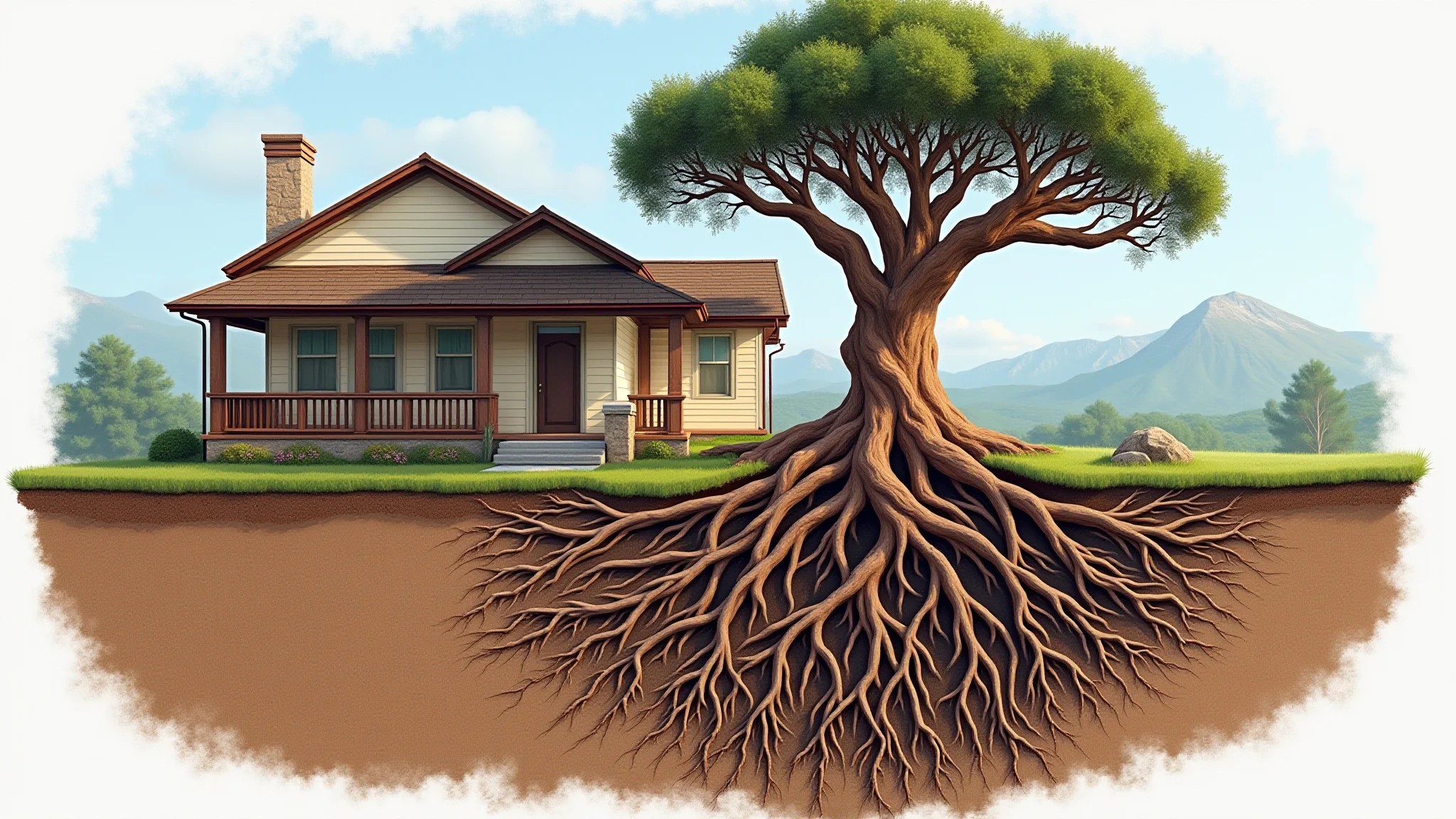 Ilustração das raízes de sequoia danificando a fundação de uma casa.