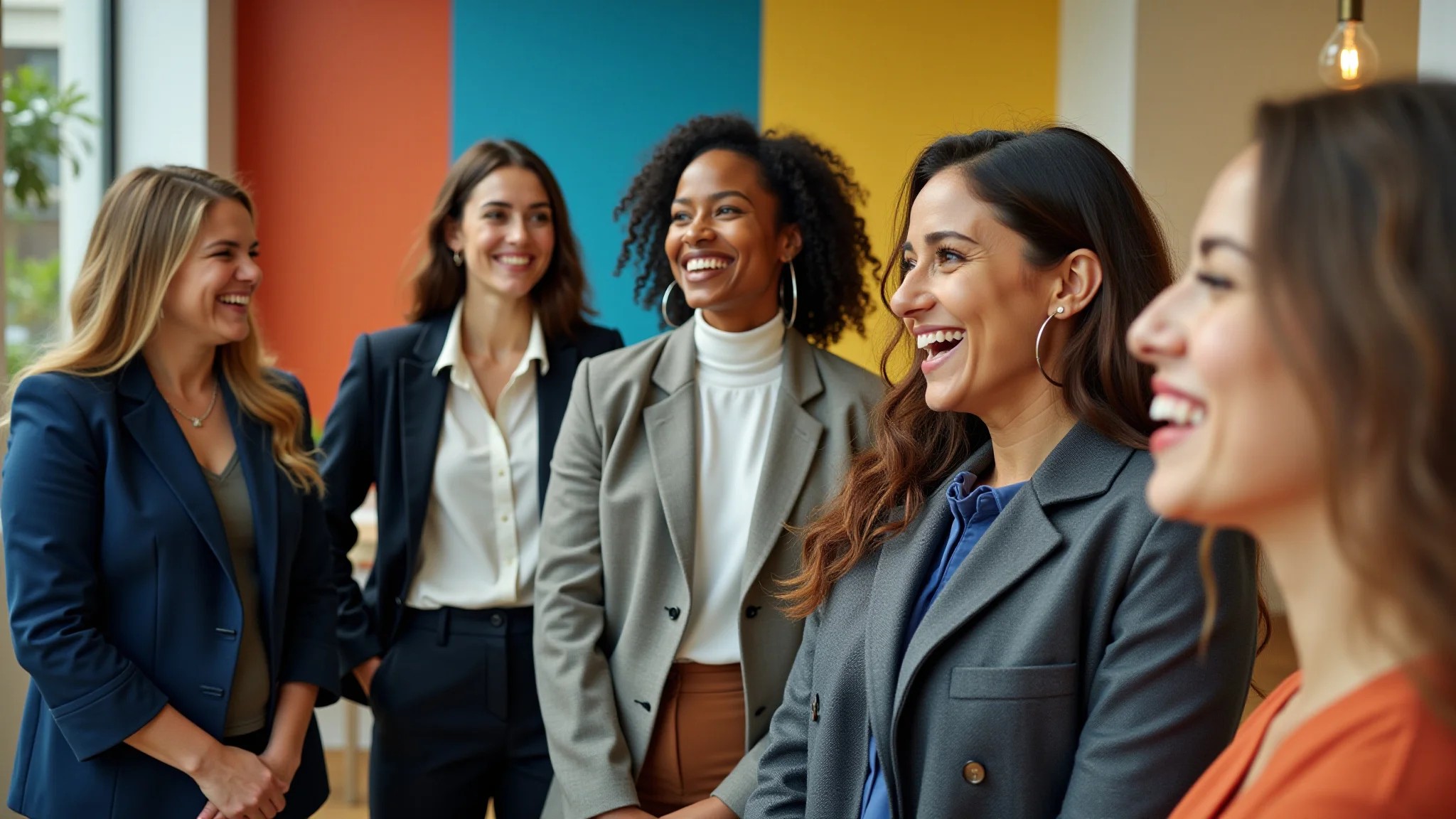 Grupo diverso de mulheres brasileiras usando roupas de alfaiataria moderna em espaço de co-working.