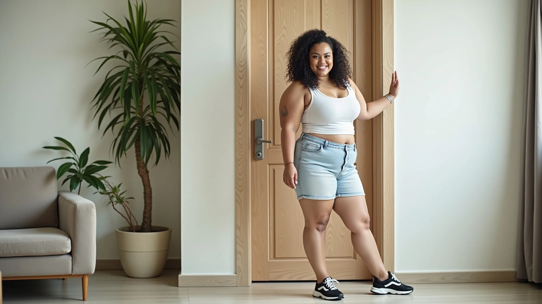 Mulher plus-size posando confiante em shorts e tênis estilosos em um apartamento brasileiro.