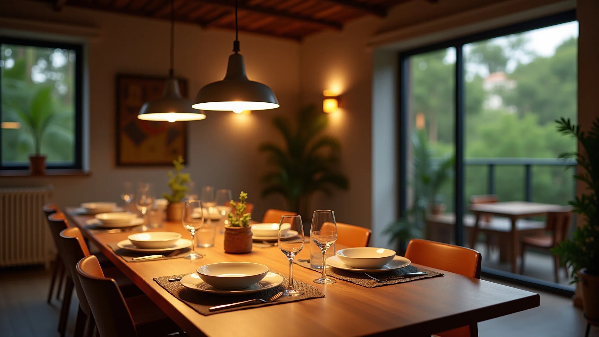 Sala de jantar aconchegante com iluminação moderna e mesa de madeira pronta para o jantar.