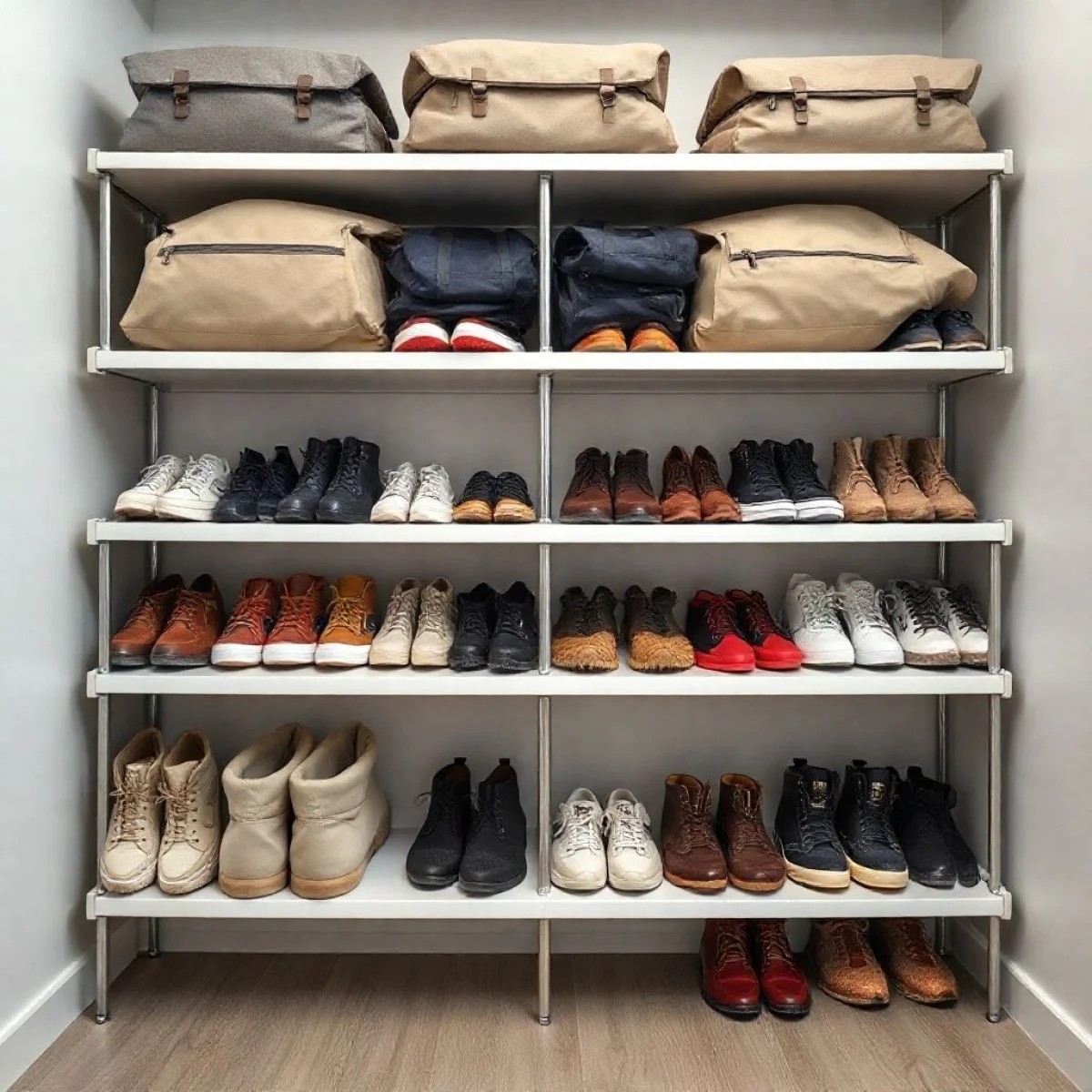Sapateira bem organizada com diferentes tipos de sapatos e sacos de tecido.