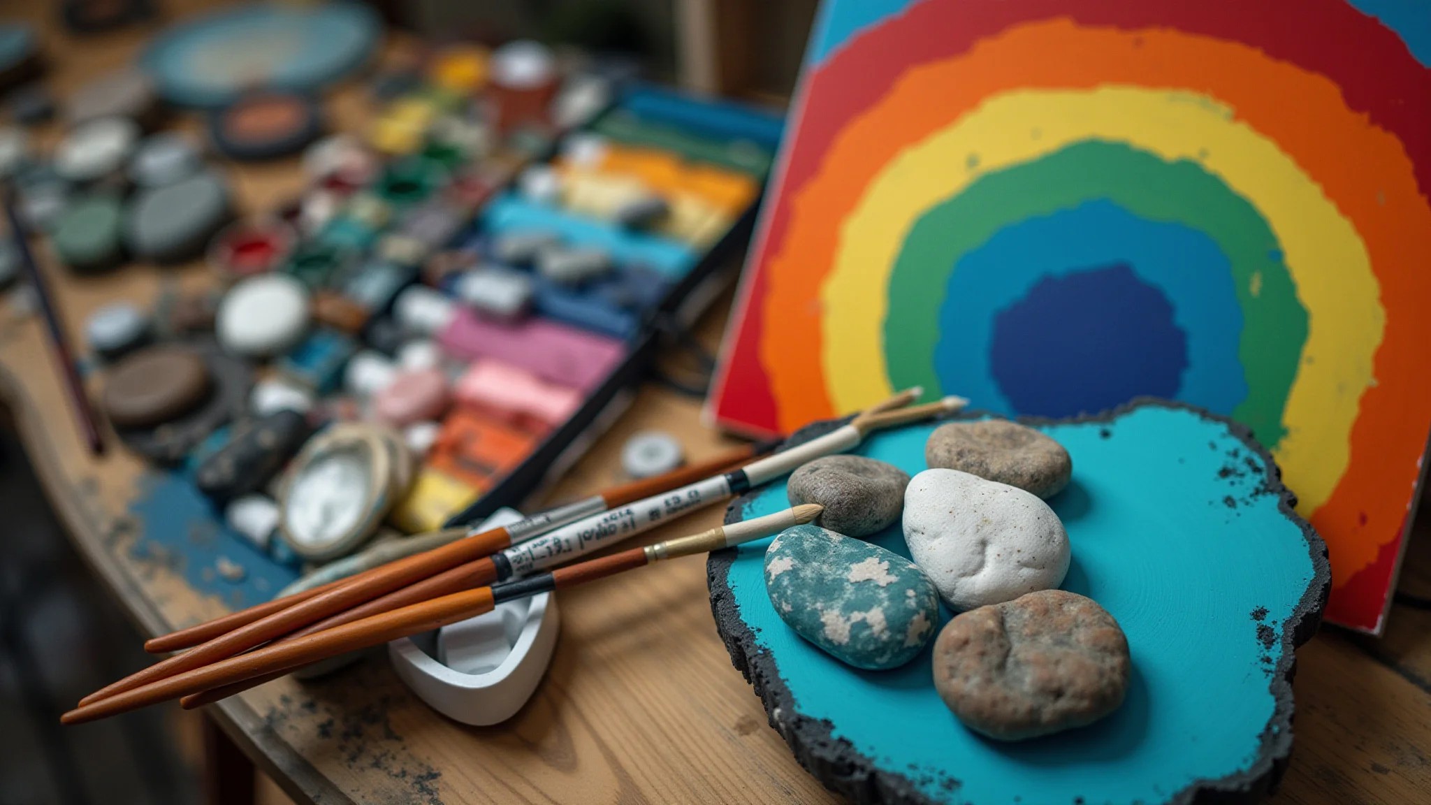 Tintas acrílicas e pincéis para pintura em pedras, estúdio de artesanato brasileiro.