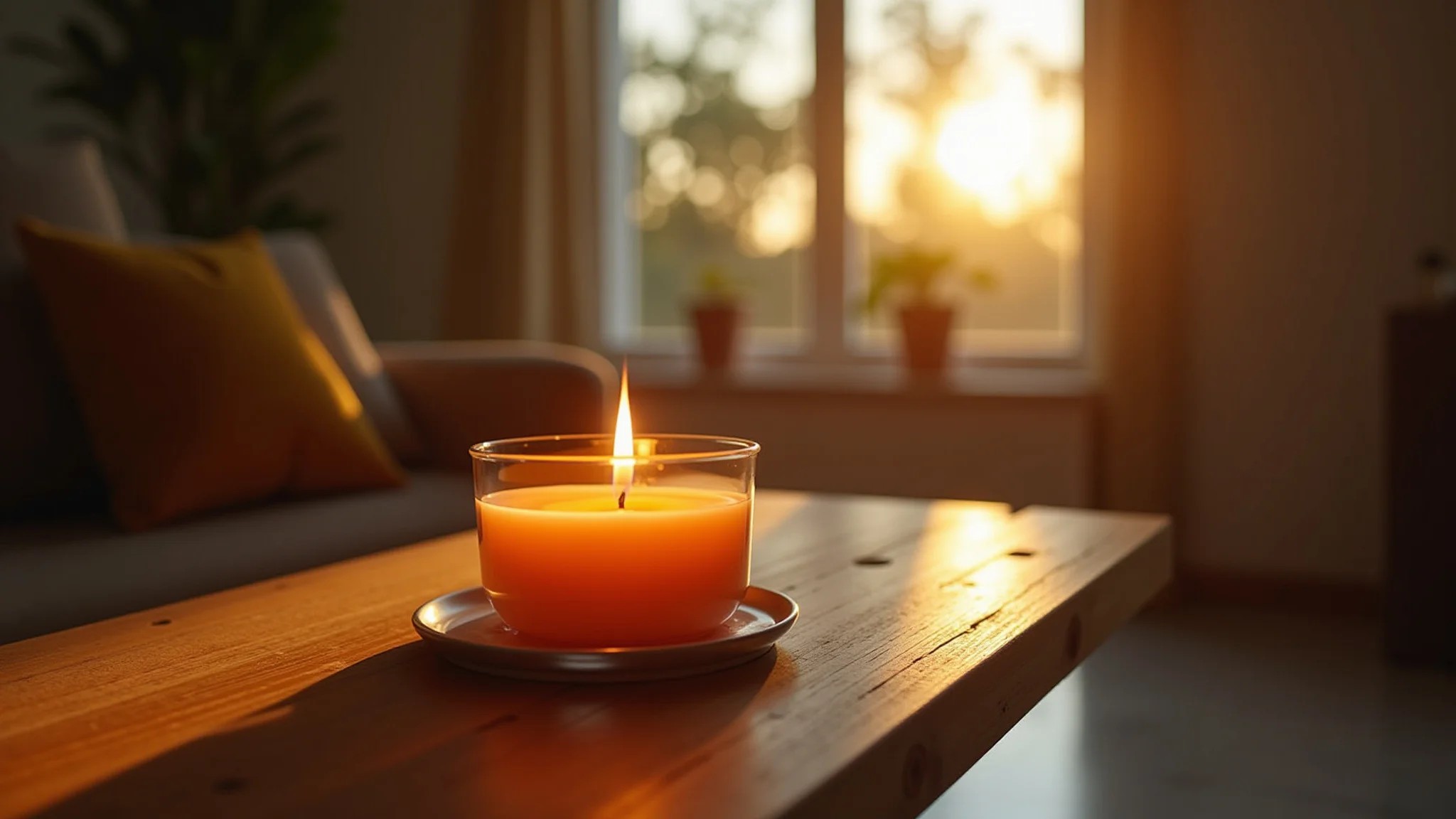 Vela aromática acesa em casa aconchegante, criando atmosfera zen e relaxante.