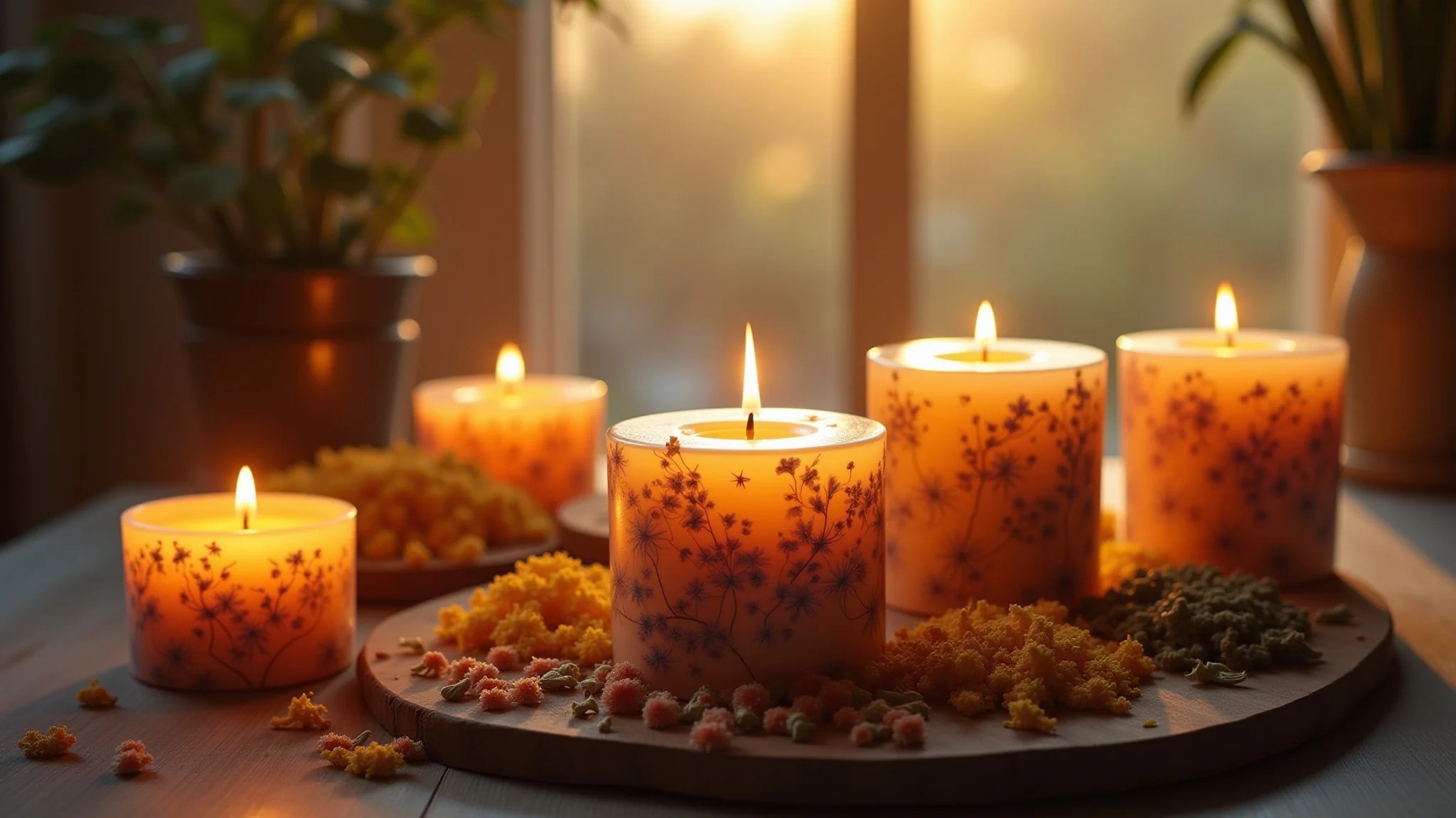 Velas aromáticas com flores e ervas secas, toque natural e romântico.