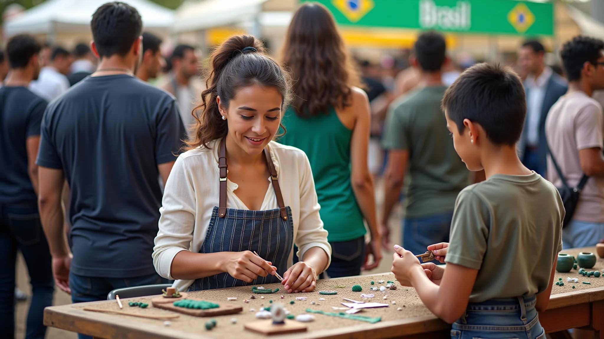 Artesã apresentando seu artesanato em feira local, público diverso.