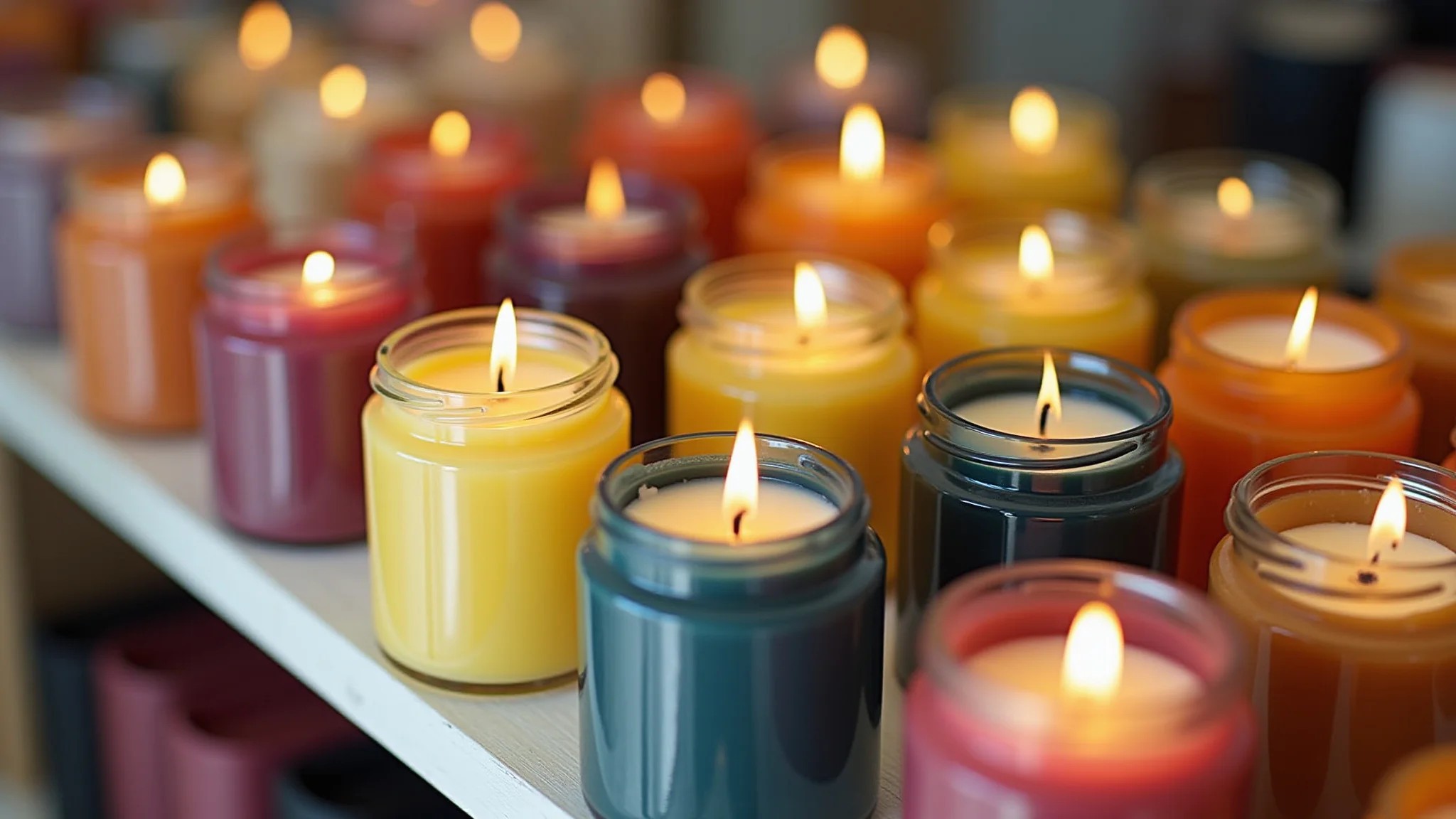 Velas caseiras coloridas expostas em feira de artesanato brasileira.