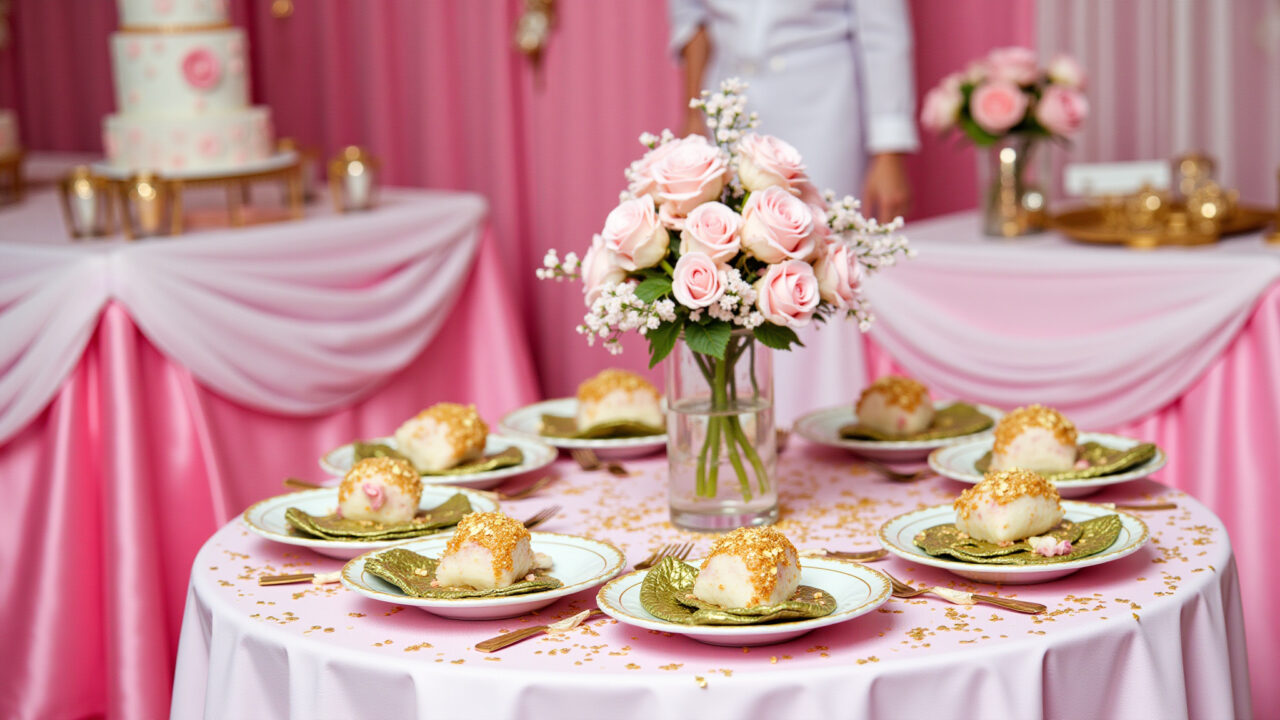 Decoração de mesa para festa da Barbie com toalhas rosas e detalhes dourados.