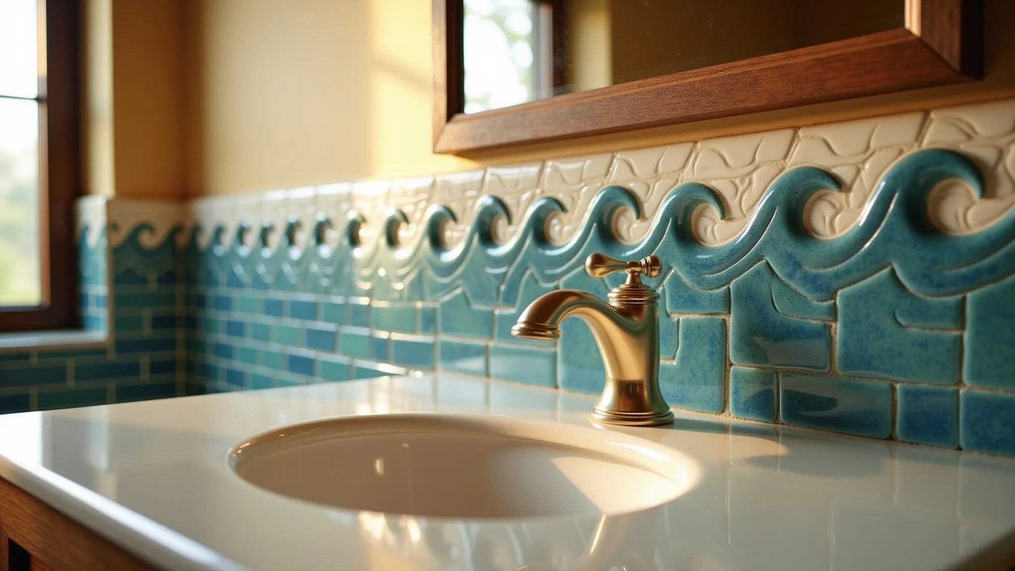 Banheiro com azulejos 3D imitando ondas atrás da pia, iluminação suave.