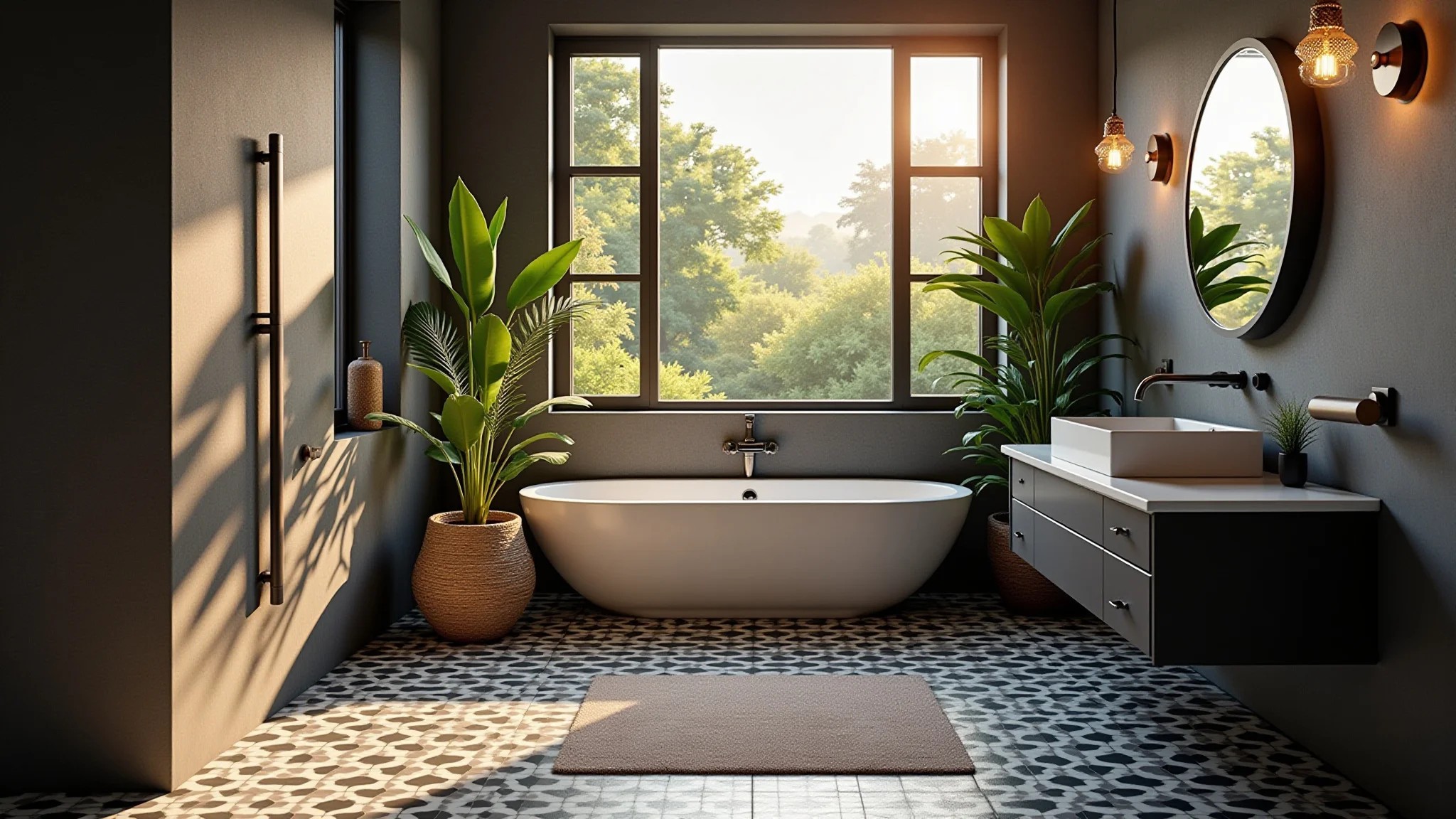 Banheiro preto e branco com azulejos estampados e plantas, estilo brasileiro.