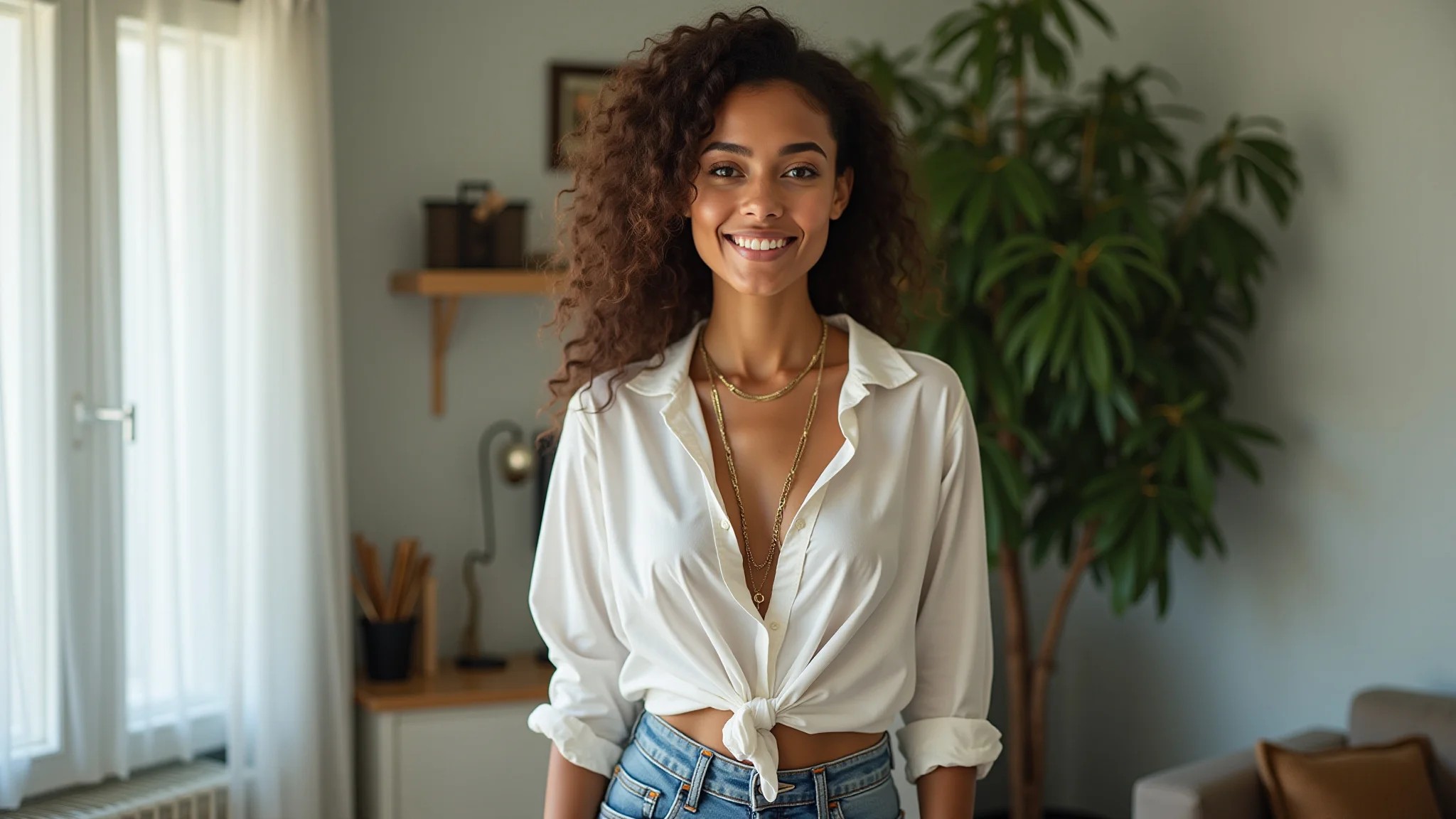 Mulher brasileira com colar longo e cinto fino em apartamento arejado com decoração brasileira.